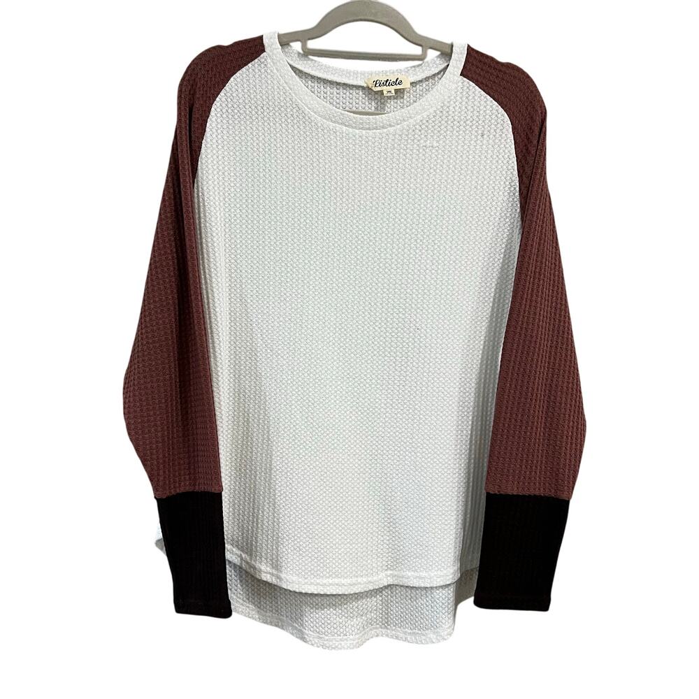 Listicle Waffle Knit Color Block Long Sleeve Blouse Medium